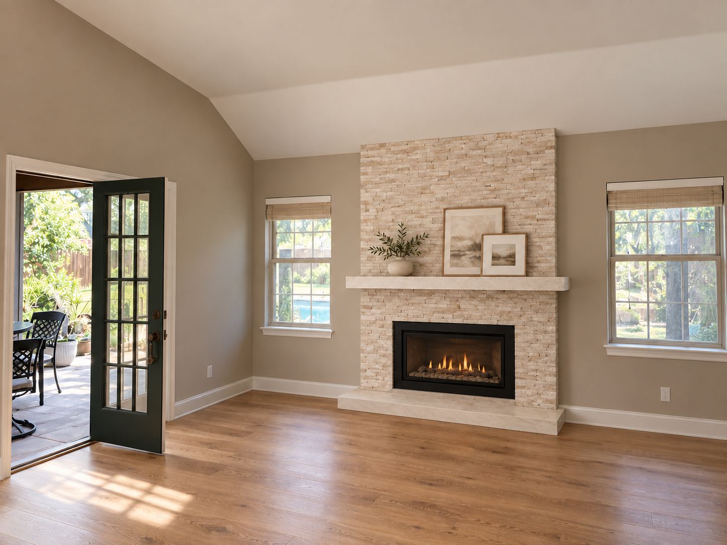 Stone fireplace with a projecting hearth