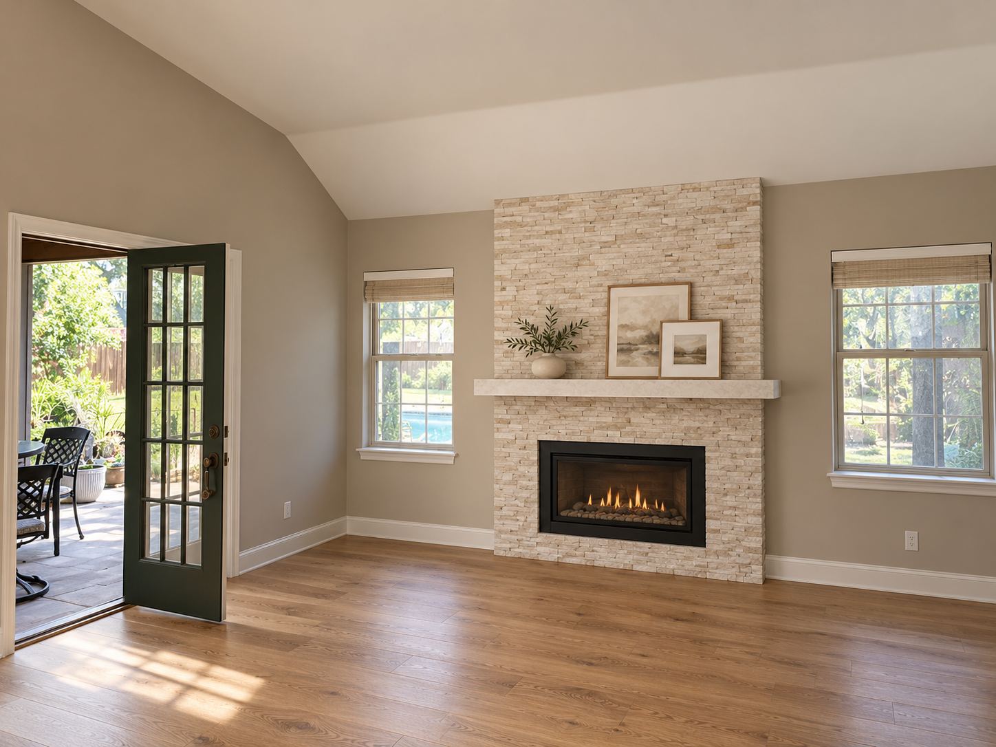 Concept rendering of a stone fireplace with a mantel shelf and no projecting hearth
