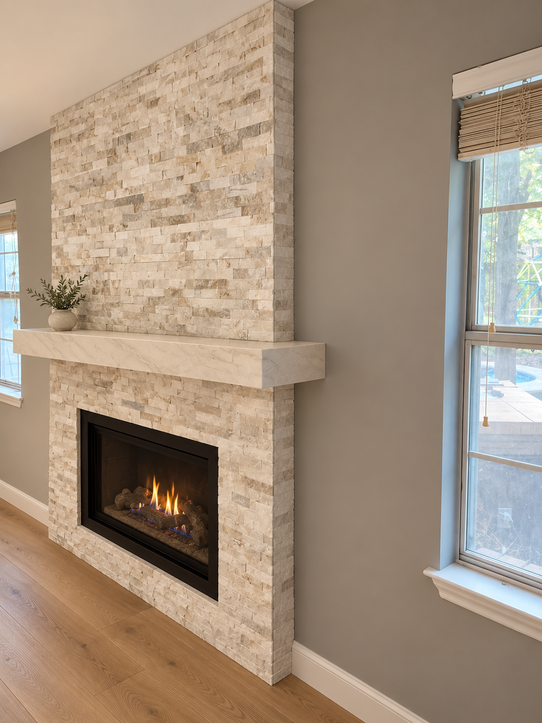 Angled fireplace rendering emphasizing mantel depth and side build-out